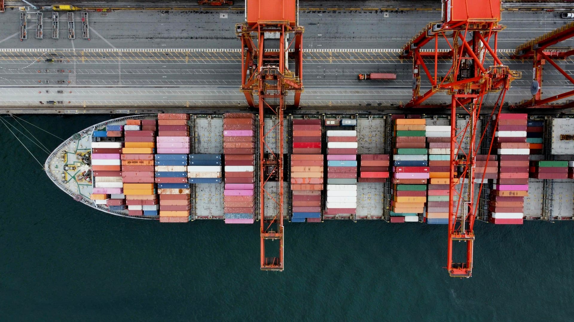Aerial view of container ship at port terminal
